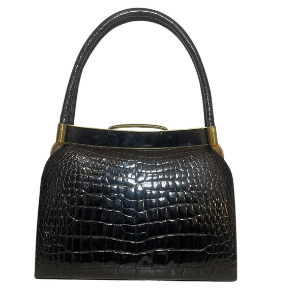 Vintage Structured Croc-Embossed Handbag with Gold tone accents snap closure - Picture 1 of 10